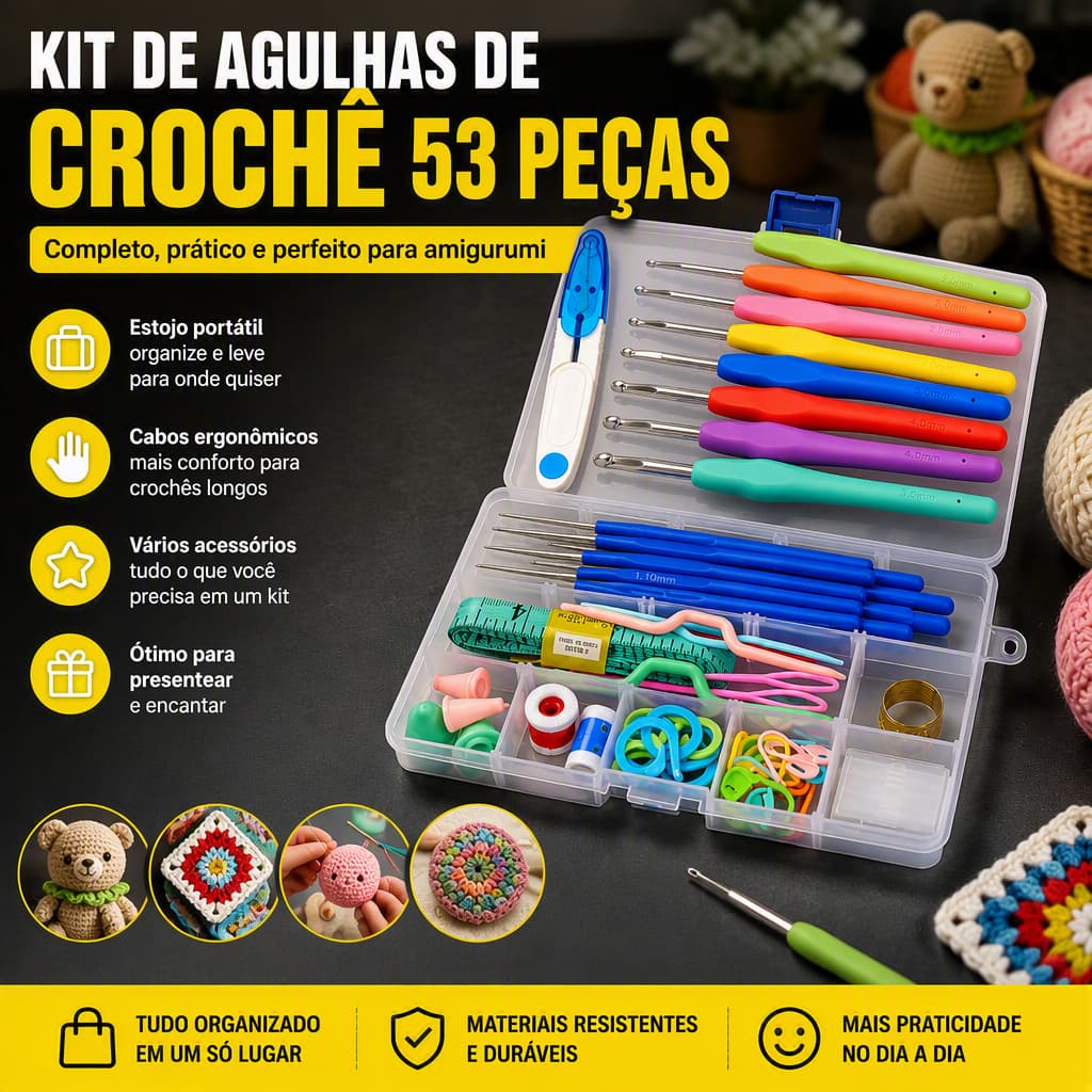 Kit Crochê 53 Peças Agulhas Ergonômicas Cabo Soft Estojo Organizador Acessórios Amigurumi Tricô Artesanato Iniciante