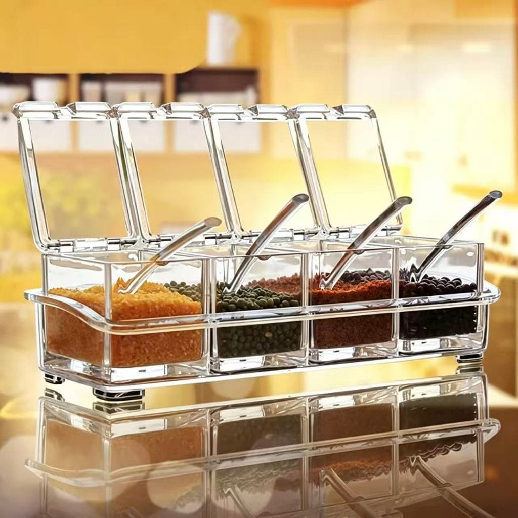 Porta Temperos e Condimentos Acrílico 4 Potes com Colheres e Bandeja | Organizador de Cozinha 4 em 1