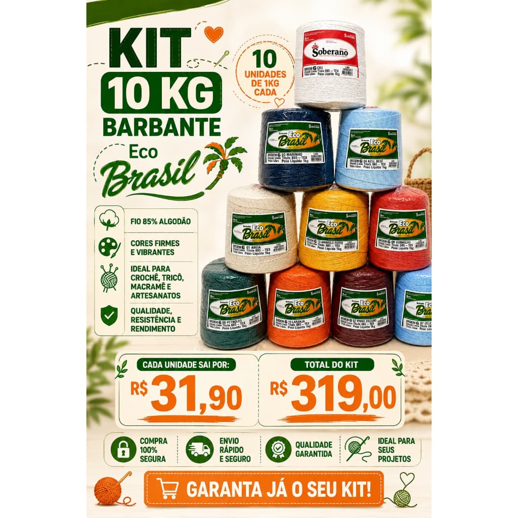 Barbante Eco Brasil Fio 6 - KIT Barbante Soberano, KIT 10 KG / Império dos Fios / Barbante para Crochê, 85% Algodão