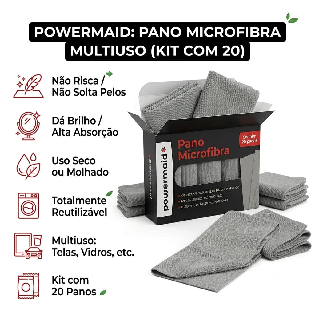 Pano De Microfibra Multiuso Powermaid Kit Com 20 Unidades Limpeza Doméstica Pia Carro