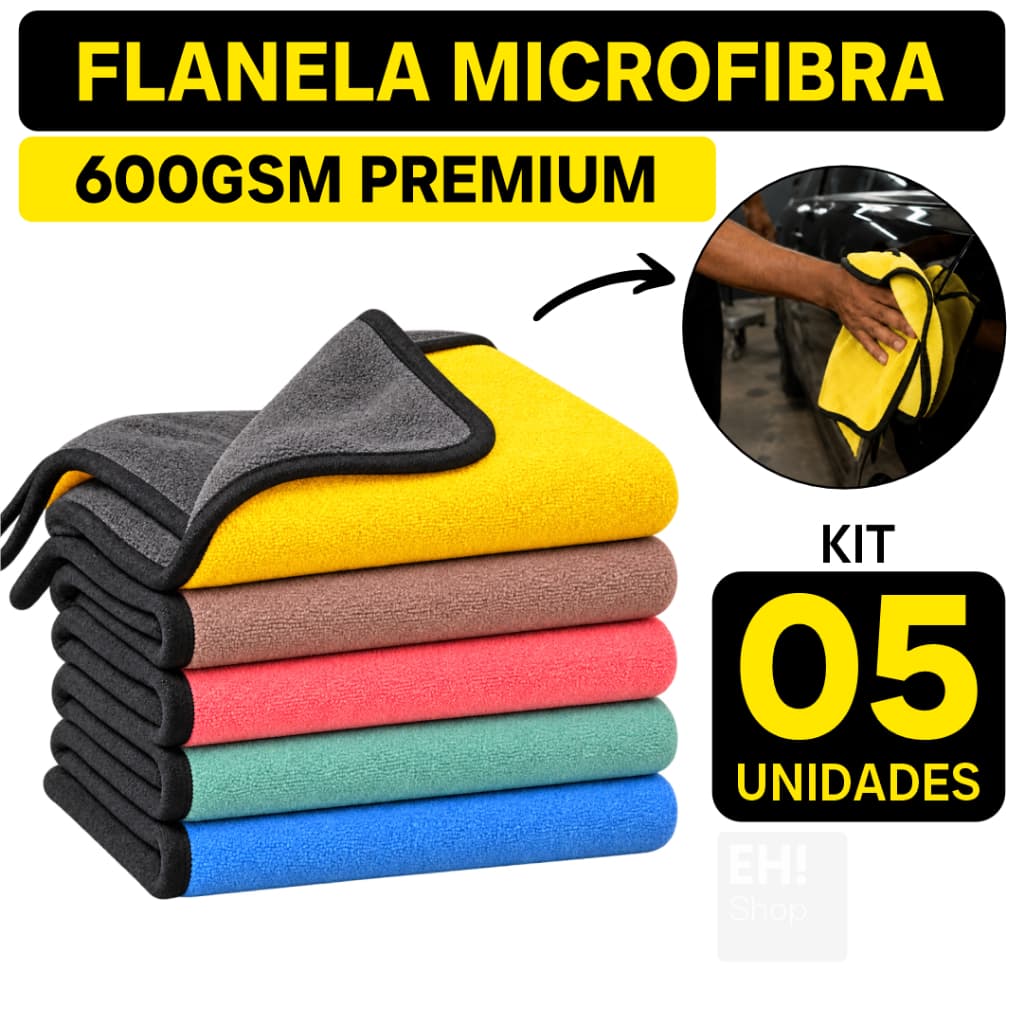 Kit 05 Flanela Microfibra Automotiva Grande 600G Grossa Premium Para Lavagem Polimento de Carro Uso Geral limpeza