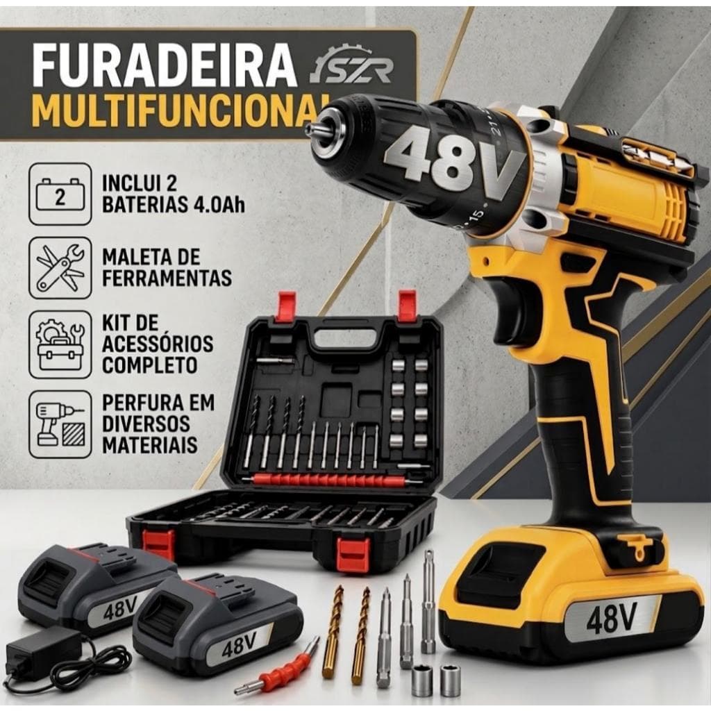 Furadeira Parafusadeira Elétrica Sem Fio 48V Multifuncional - Kit Completo com 2 Baterias 4.0Ah, Maleta e Kit de Acessór