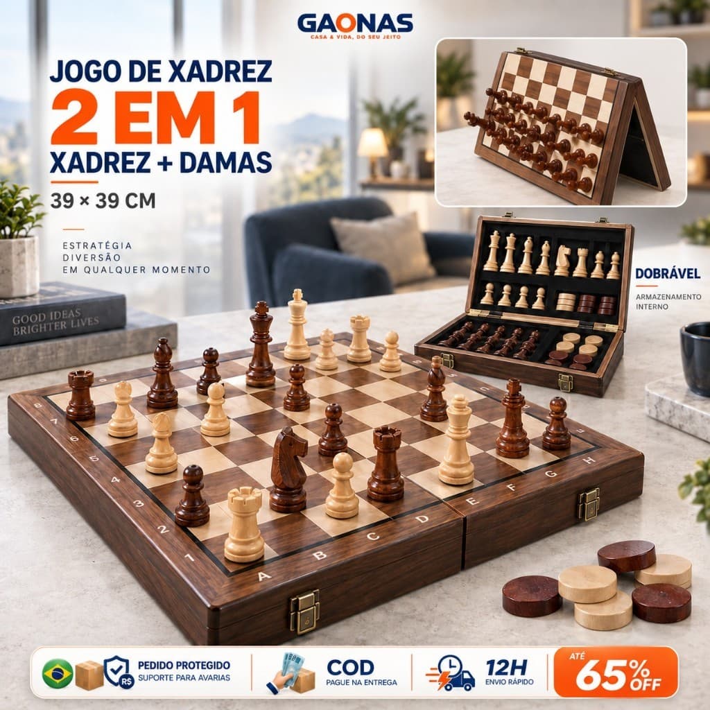 GN-Jogo de Xadrez 2 em 1 Madeira Magnético Dobrável 39cm com Damas para Família Viagem e Presente