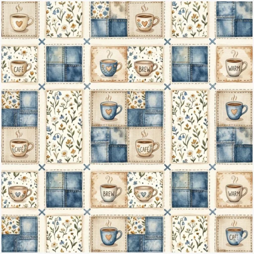 Tecido Patchwork Digital Blue Coffee Patch Xícaras D2832