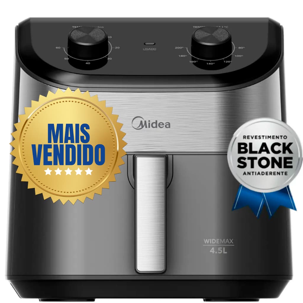 Fritadeira Air Fryer Midea 4,5L Wide Max FWM45P Preto Inox 127V Sem Óleo Potente