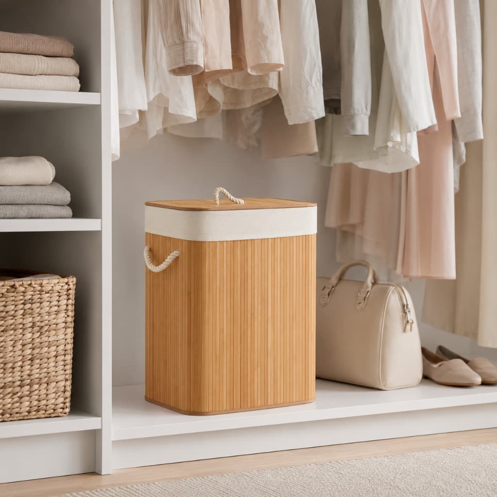 Cesto Organizador de Bambu com Tampa e Alças para Roupas Sujas Lavanderia Quarto Banheiro 72 L