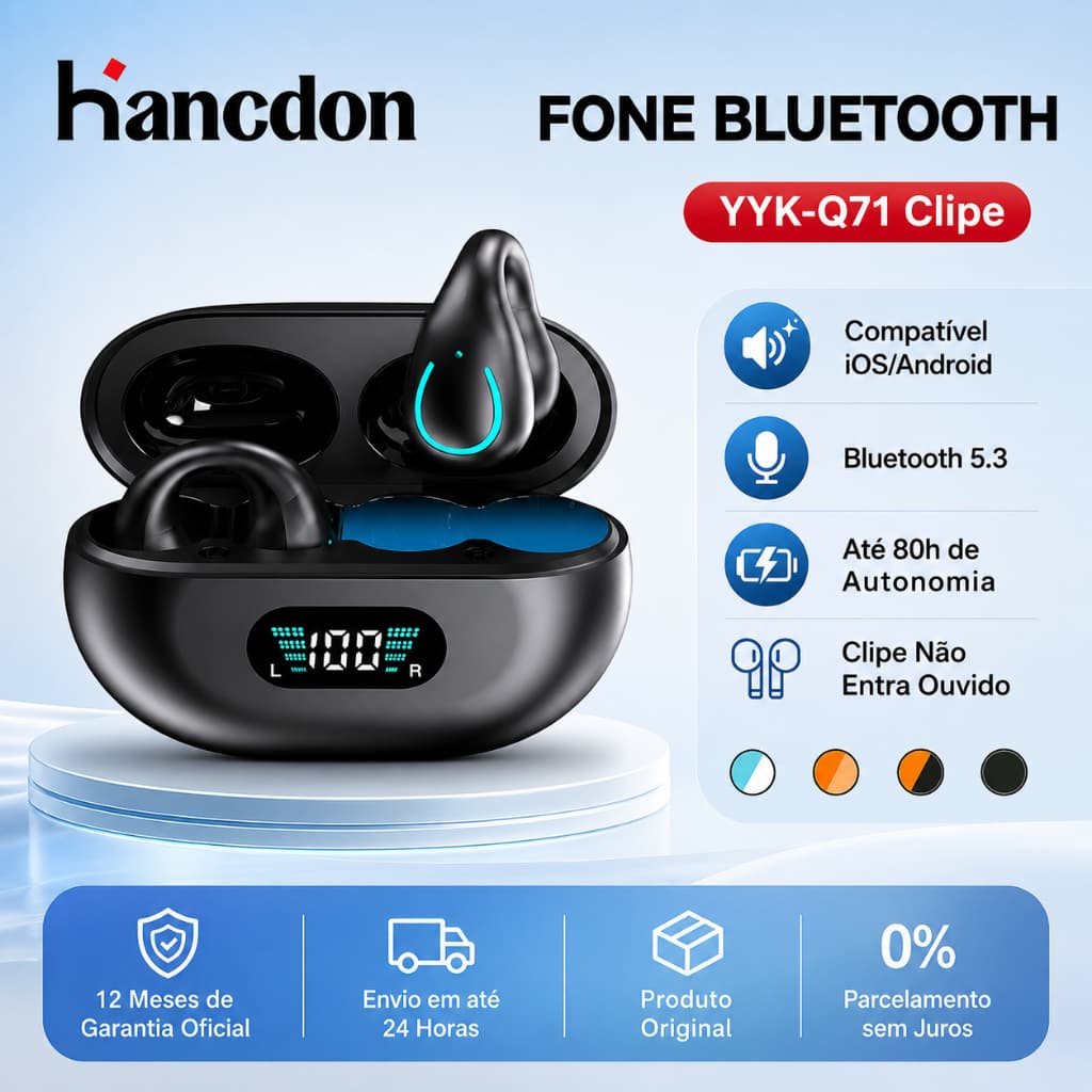Fone Bluetooth Hancdon YYK-Q71 Clipe – Bluetooth 5.3, 80h Autonomia, Display Digital, Compatível iOS/Android