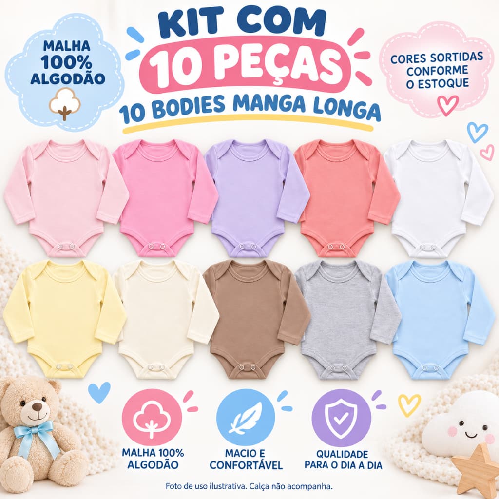 Kit 10 Bodies Bebê Infantil  Manga Longa Lisos 100% Algodão Menina Menino Unissex enxoval