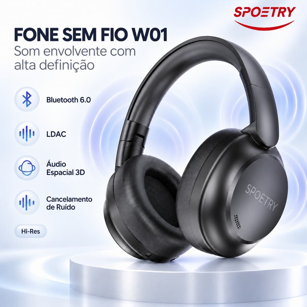 Fone De Ouvido Sem Fio Cancelamento De Ruído Hi-Res 3D Áudio Espacial Com LDAC Bluetooth6.0 SPOETRY W01