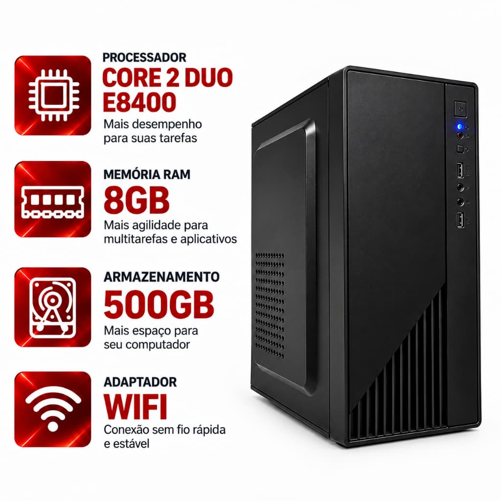 Desktop Computador Intel Core 2 Duo E8400 8Gb Ram Ddr3 HD 500GB Cpu Torre Com Wifi Cabo De Força