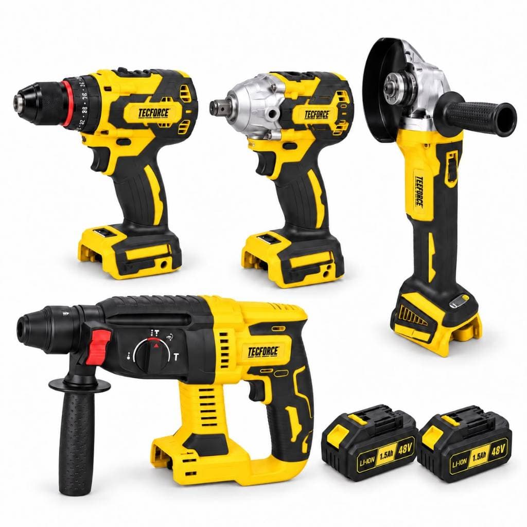 Kit Ferramentas 4 em 1 TecForce com 2 Baterias Parafusadeira Furadeira Martelete Esmerilhadeira e Chave de Impacto