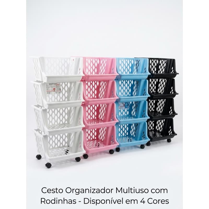 Organizador Multiuso/ Fruteira 4 Andares com Rodinhas – Cesto Vertical para Cozinha, Lavanderia e Escritório