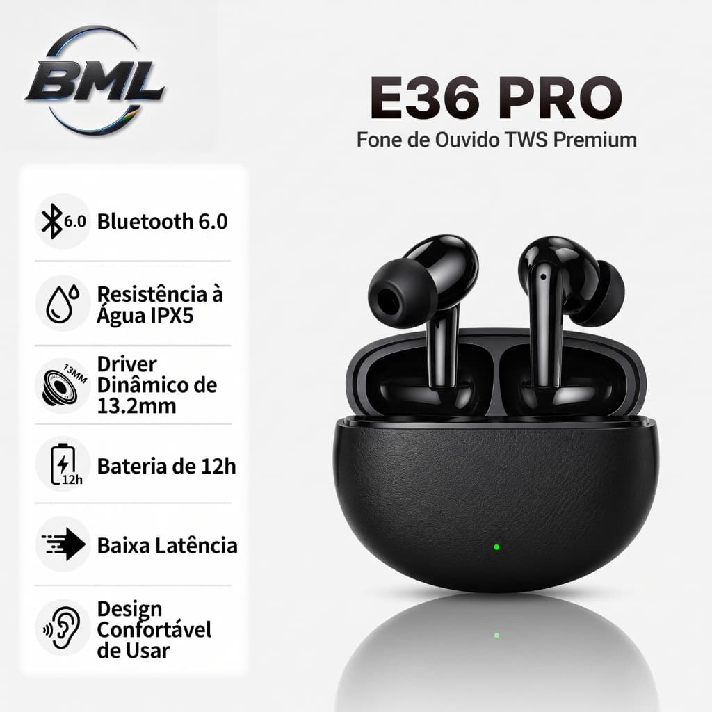 BML Fone Bluetooth Sem Fio E36 Pro Som HiFi Bluetooth 6.0