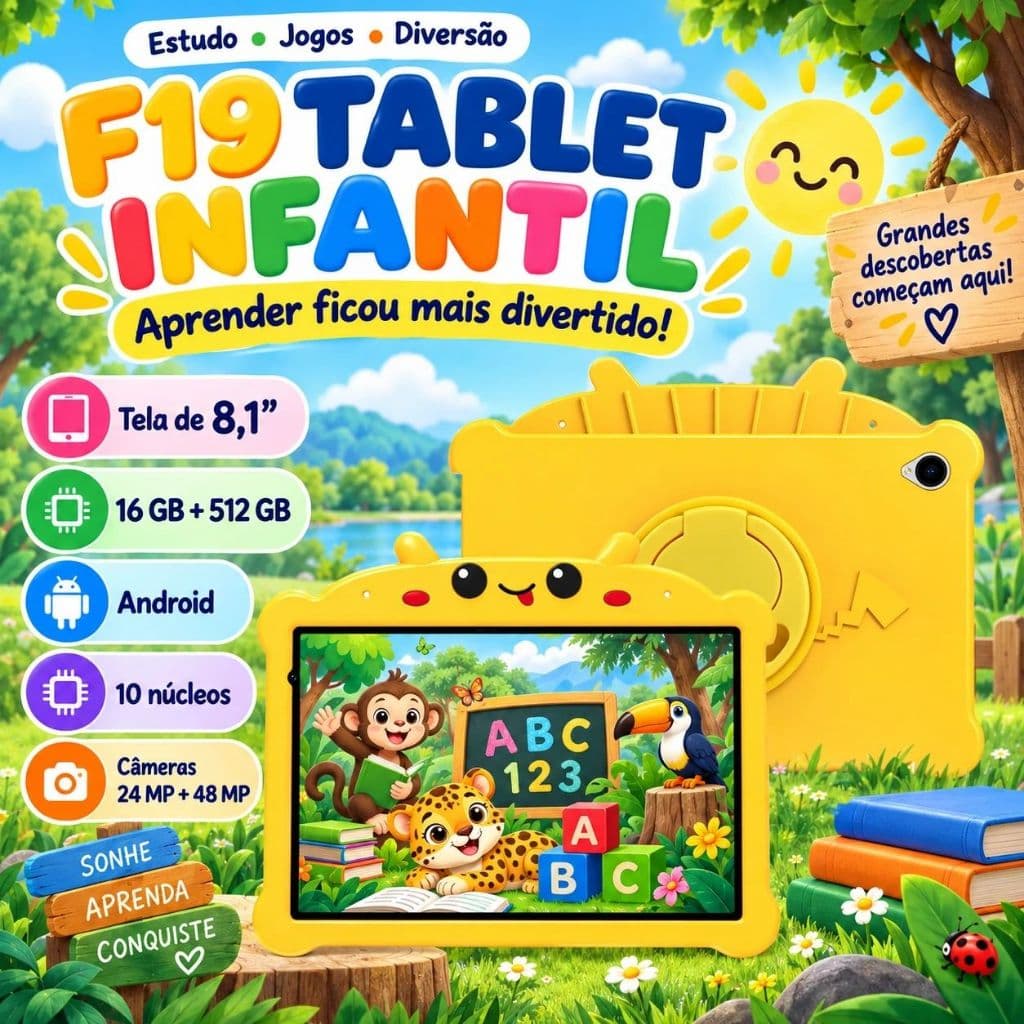 F19 Tablet Infantil Kids 8.1Polegadas Android WiFi Bluetooth Smart Tela Touch Capa Super Resistente para Crianças