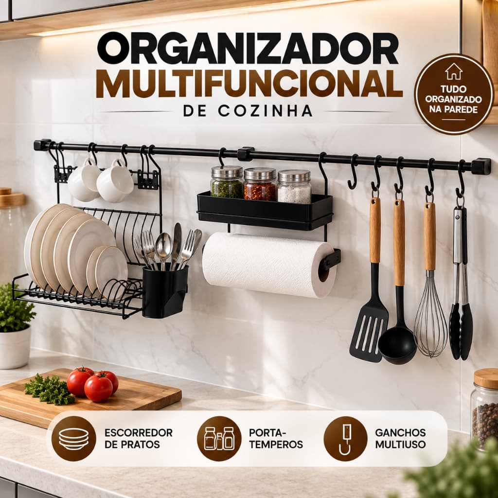 Organizador de Cozinha Parede Aço com Escorredor Pratos Porta Temperos Papel Toalha Talheres e Ganchos Multiuso
