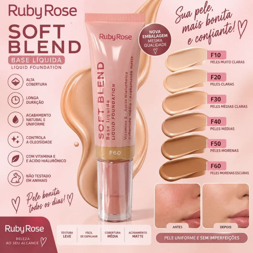 Base Líquida Cobertura Média Acabamento Matte Ruby Rose Soft Blend Efeito Natural
