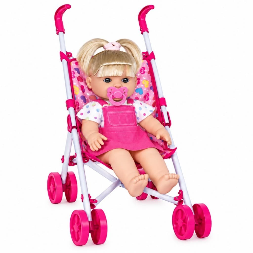 Boneca Danadinha Loira 34cm Chupeta Menina + Carrinho Rosa