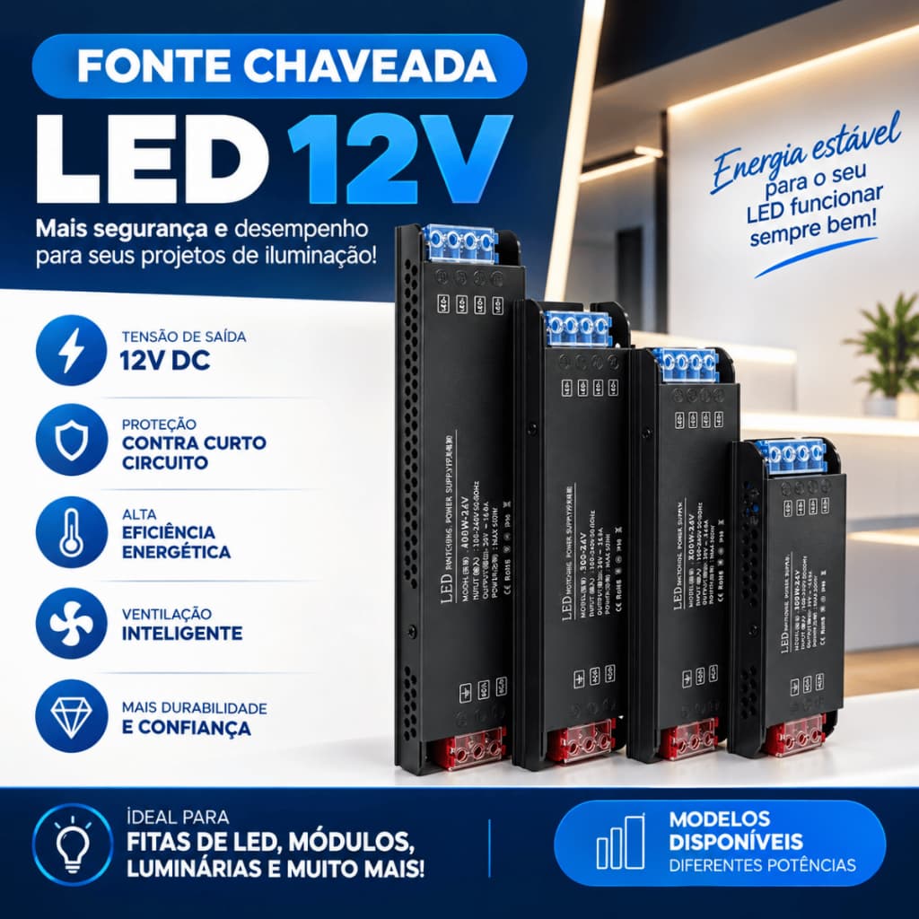 Fonte Chaveada Slim Fita Led Compacta Luminária 600w 12V 5A 10A 20A 30A 50A Energia Bivolt