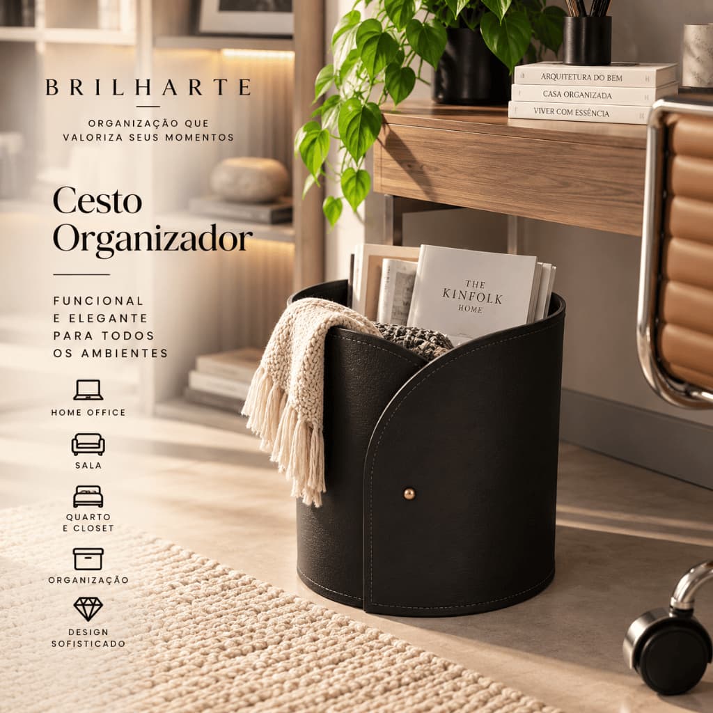 Cesto Lixo Caixa Organizadora Média 7,8L Couro Ecológico Multiuso Escritório Banheiro Closets