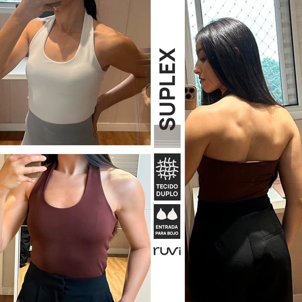Blusa Frente Única Gola Halter Costas Nua SUPLEX Forrado RUVI Academia Fitness