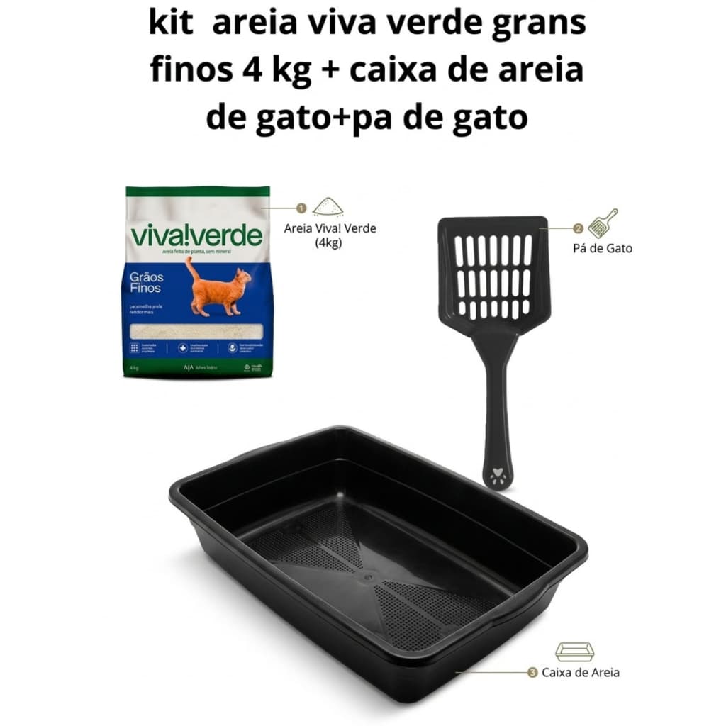 Kit 3  Areia Viva verde Sanitária 4kg  + Bandeja de gato + Pá de gato /