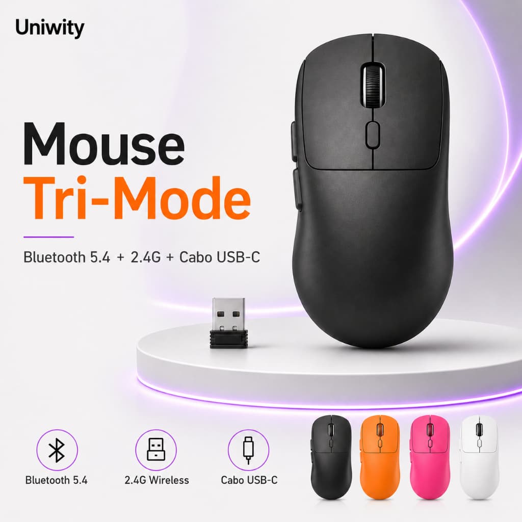 Uniwity Mouse Gamer Sem Fio Tri-Mode Bluetooth 5.4 2.4G USB-C 6400 DPI Recarregável para PC Notebook