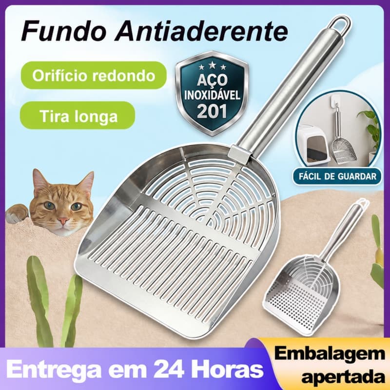 Pá Higiênica para Gatos 32cm em Aço Inoxidável 201 Peneira para Caixa de Areia Sanitária com Cabo Longo