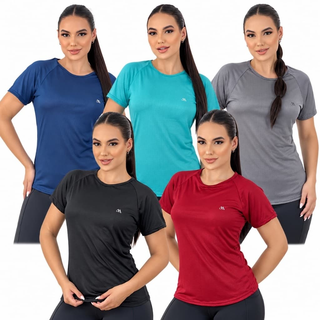 KIT 5 Camiseta Feminina Dry Fit Academia Furadinha Blusa Esportiva Treino Musculação Caminhada