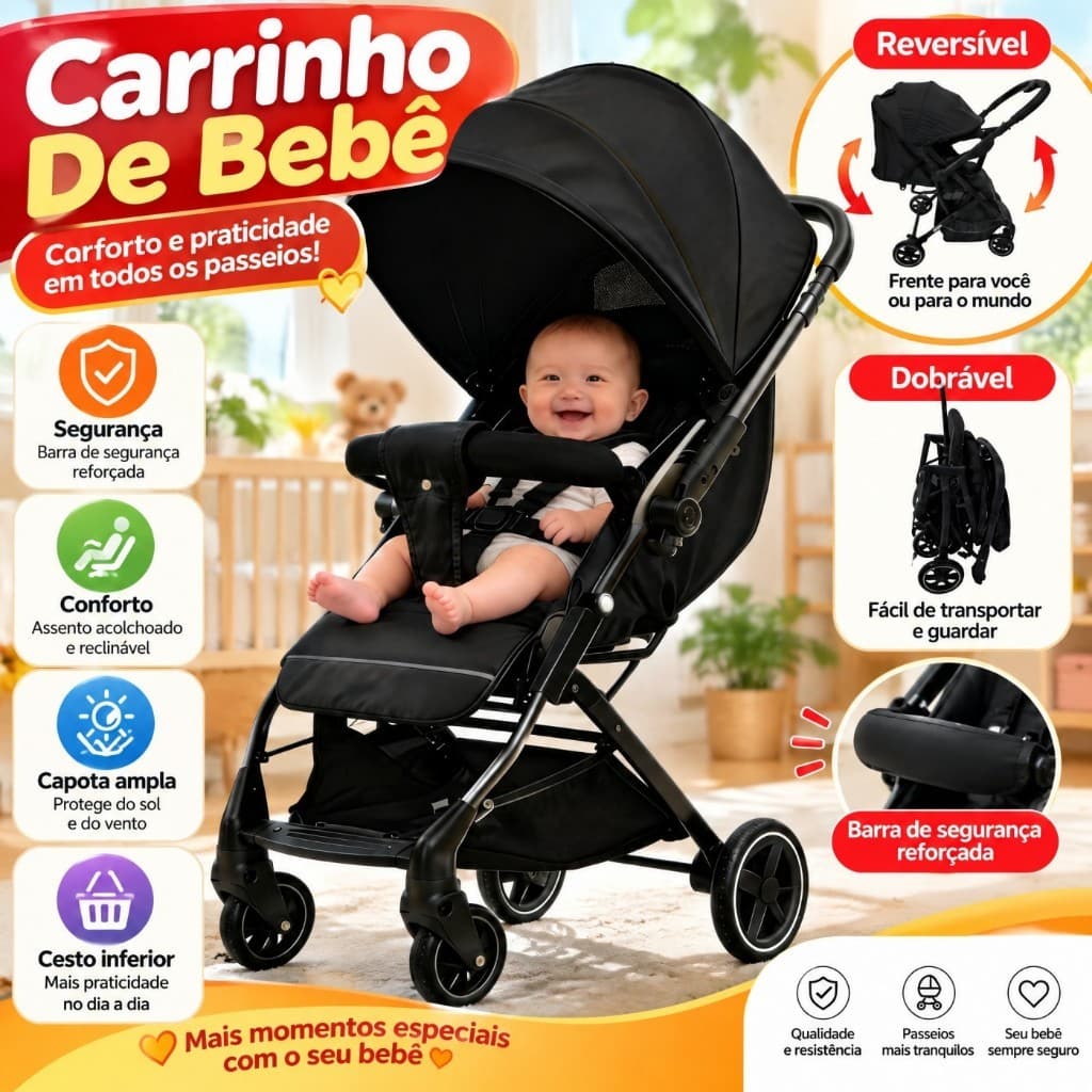 Carrinho de Bebê Passeio Vira Premium Até 15 Kg Preto Seguro