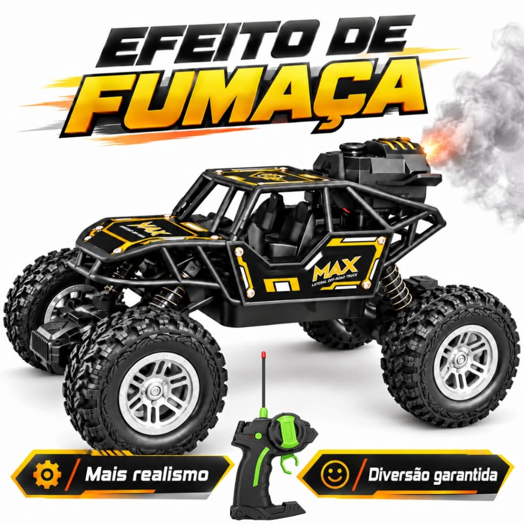Carrinho Controle Remoto Jeep Off-Road Sai Fumaça Pneus de Borracha