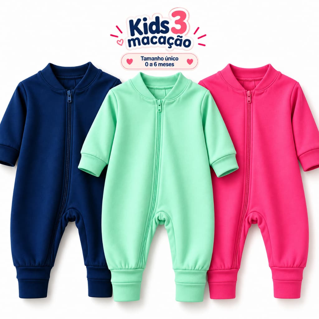 Kit 3 Macacões Bebê Menino Menina Algodão com Zíper Lateral Vira Pé Liso Enxoval Recém-Nascido 0-6 Meses