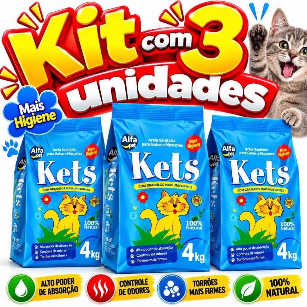 Kit C/ 3 pacotes de 4kg de Areia Sanitária Kets para Gatos e Mascotes Alfa Pet