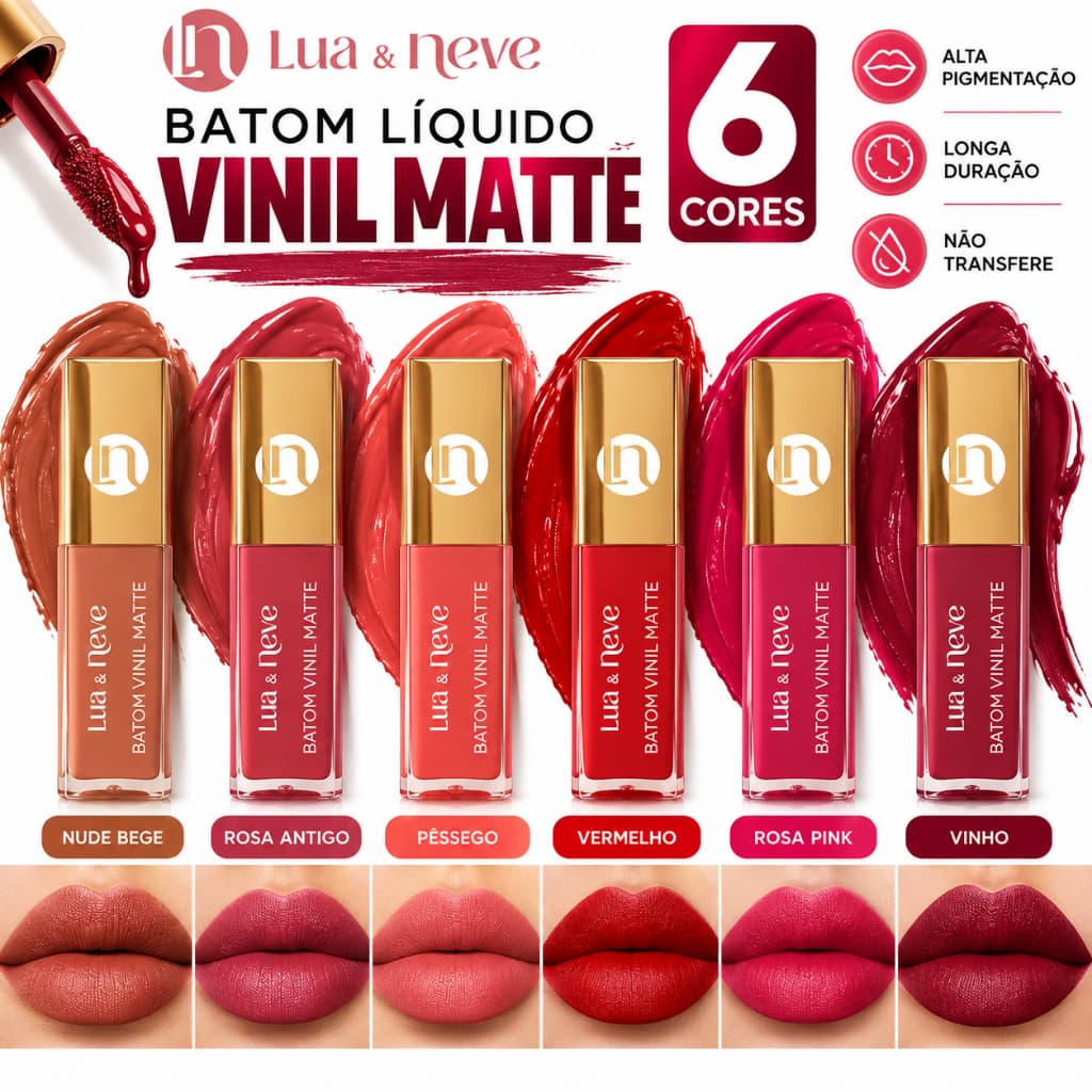 Batom Líquido Matte Lua & Neve 6 Cores Alta Pigmentação Longa Duração