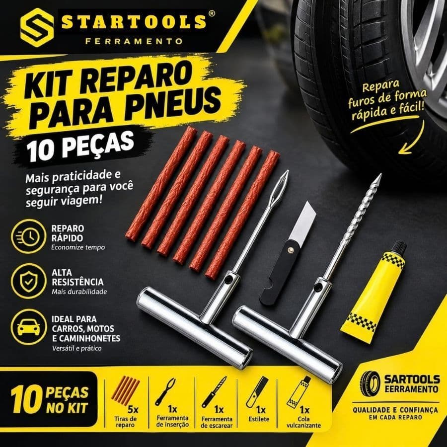 Kit Reparo Para Pneus 10 Peças Startools Kit Completo Com Escareador Aplicador Mini Estilete Chave L Cola E Remendos