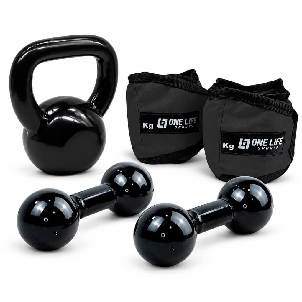 Kit Treino em Casa com Caneleiras 2kg, Halteres 2kg e Kettlebell Emborrachado 4kg para Musculação e Fitness
