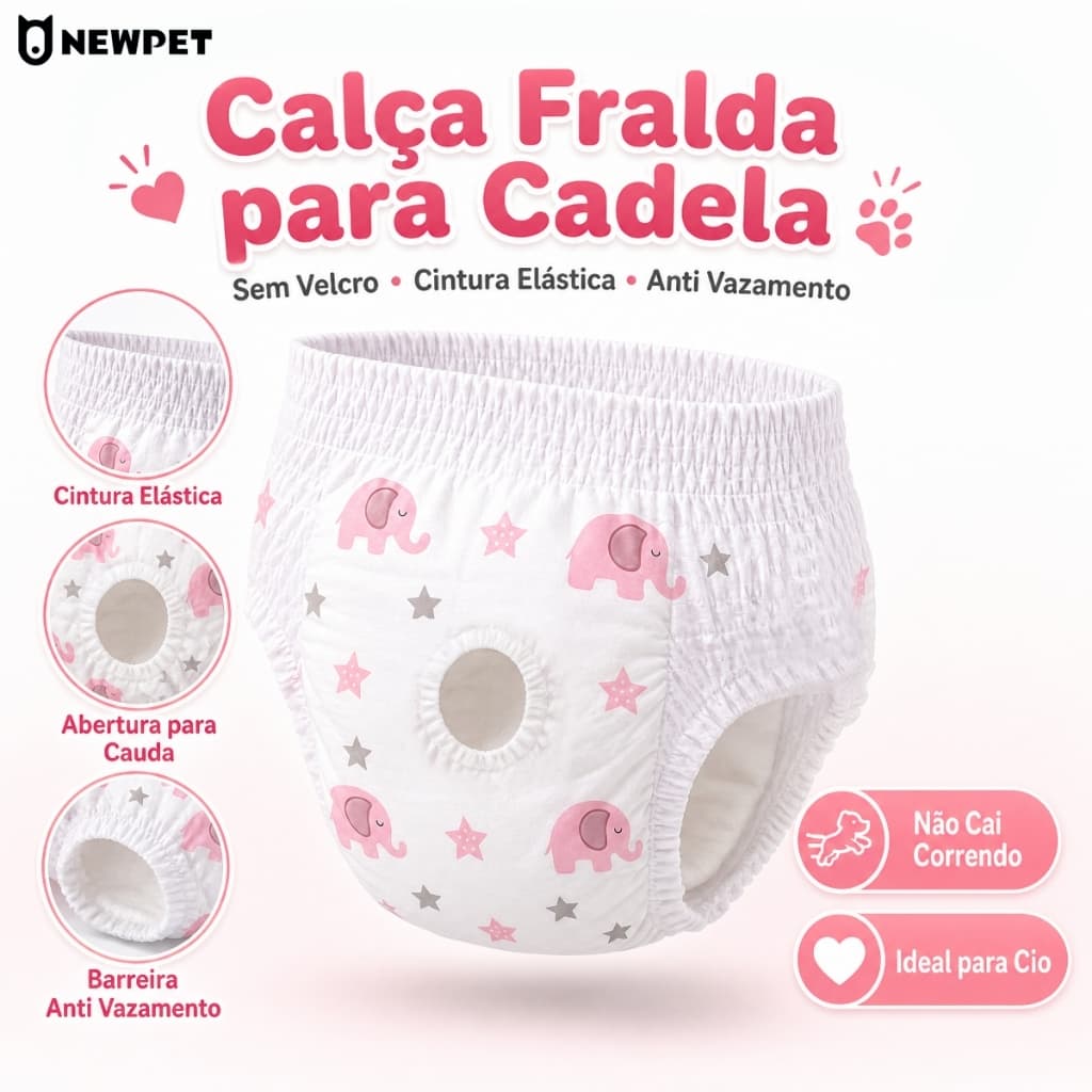 Newpet-Calça Fralda Descartável para Cadela, Cintura Elástica Sem Velcro, Absorvente Anti Vazamento para Cio PP/P