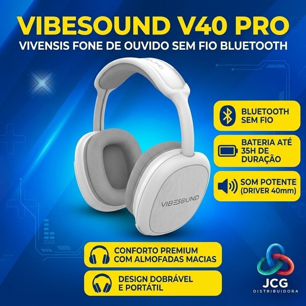Fone De Ouvido Vivensis Vibesound V40 Pro Sem Fio Bluetooth Bateria de 35 horas de Duração