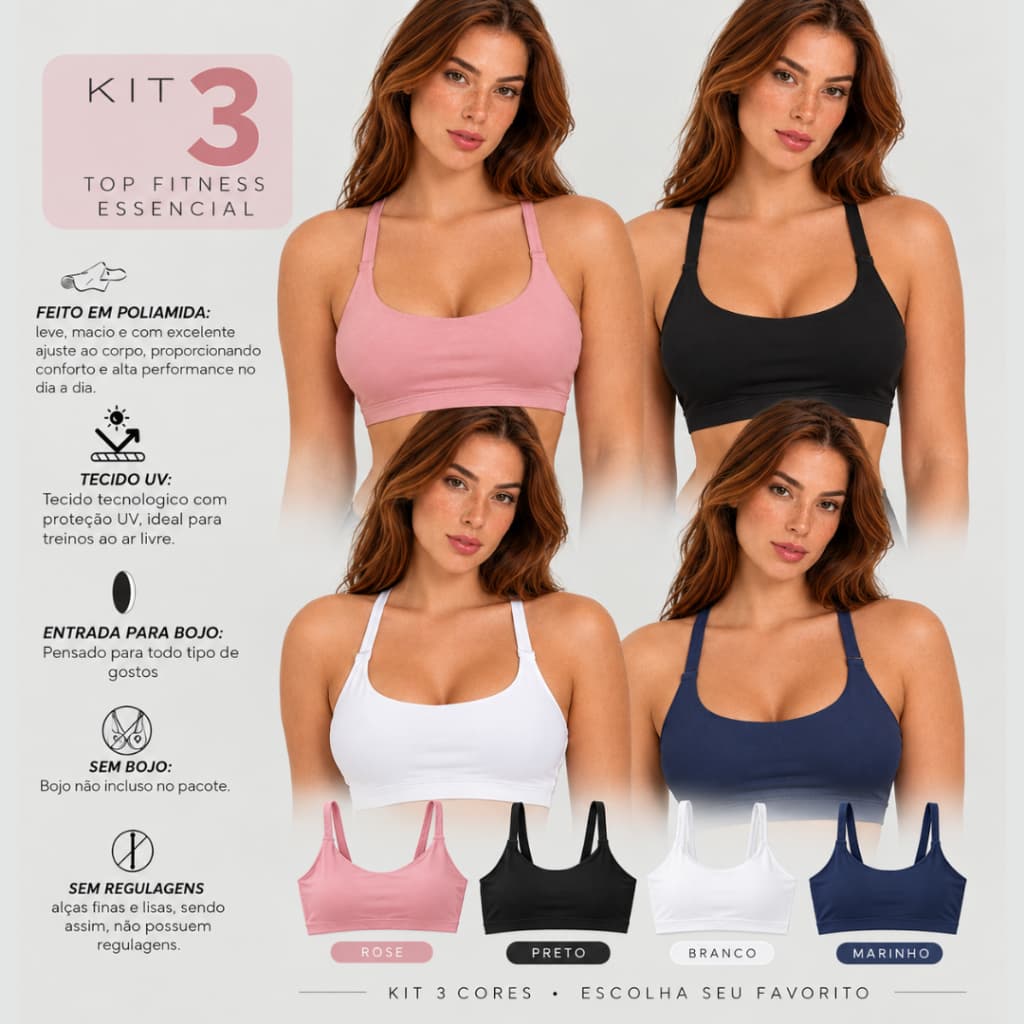 Kit 3 Top Fitness Feminino Academia Sutiã Esportivo SEM BOJO Liso Roupa de Treino Feminina