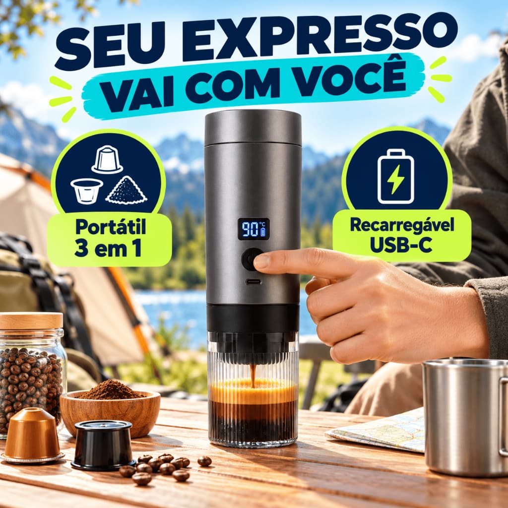 Cafeteira Expresso Elétrica Portátil 3 em 1 Cápsulas e Café Moído USB-C Máquina de Café