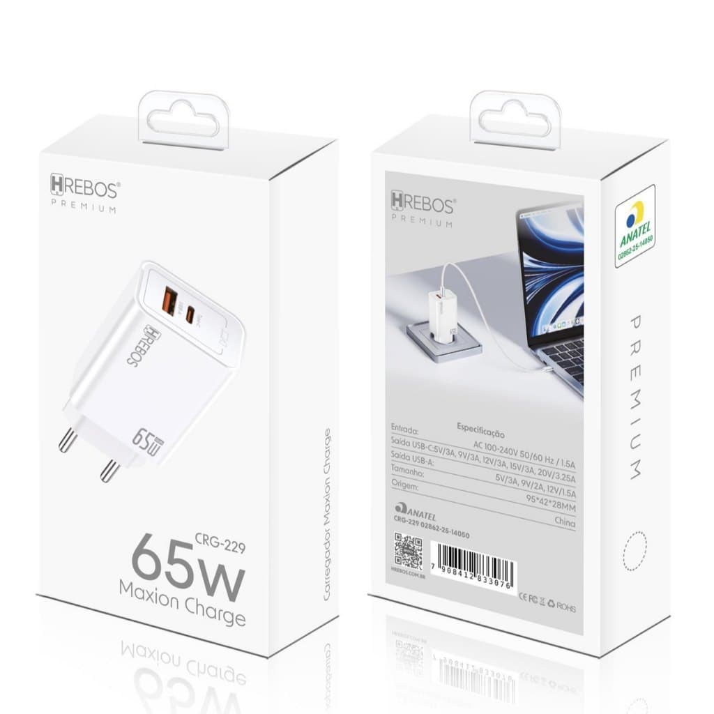 Carregador Turbo Hrebos 65W GaN Tipo C Carregador Rápido Celular e Notebook