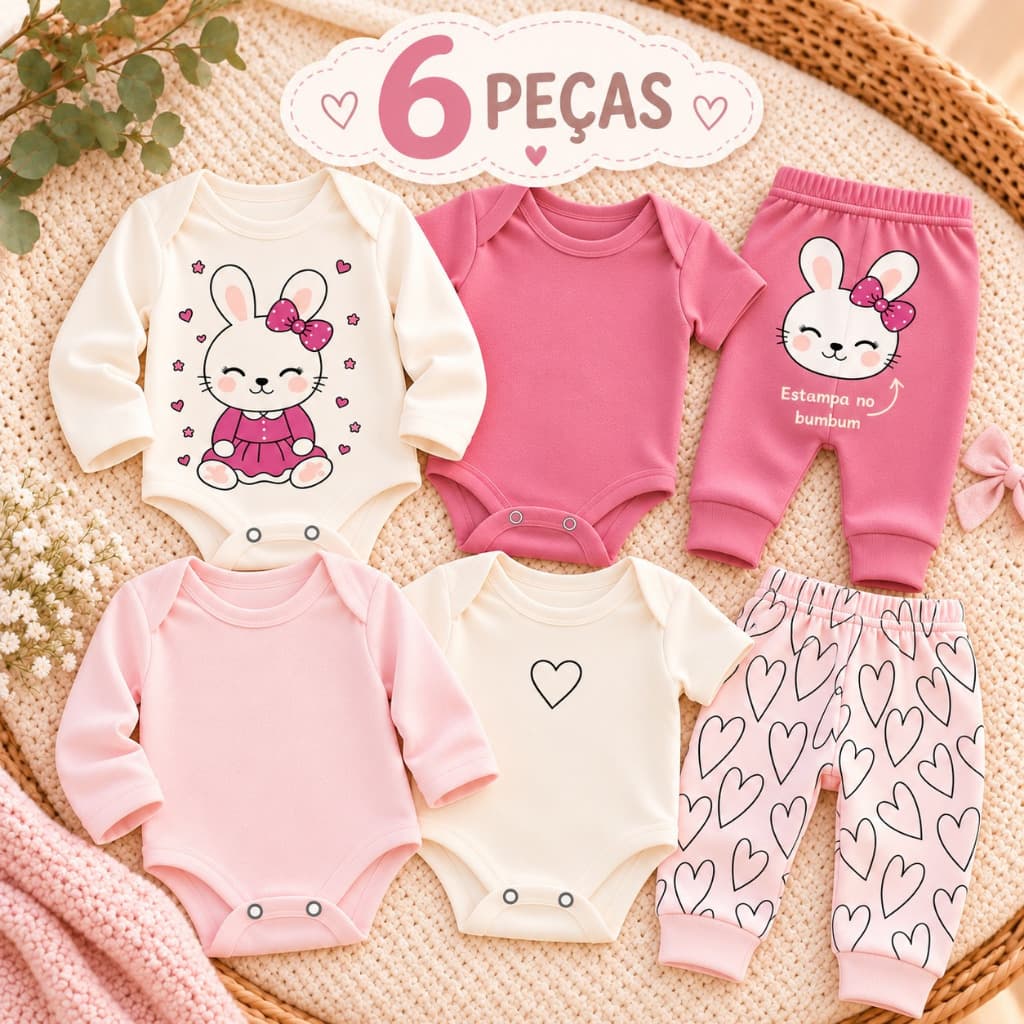 Kit 6 Peças Bebe 100% Algodão Suedine Roupa Menina Conjunto BEBE Confortável Lindo Enxoval Maternidade