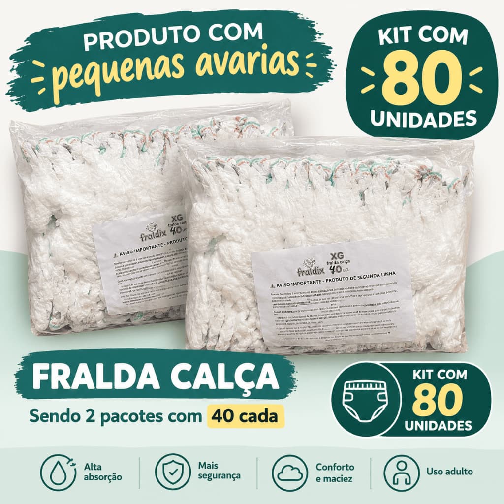 Kit 80 Fraldas Calça Infantil XG – 2 Pacotes com 40 Unidades – Produto de Segunda Linha com Avarias