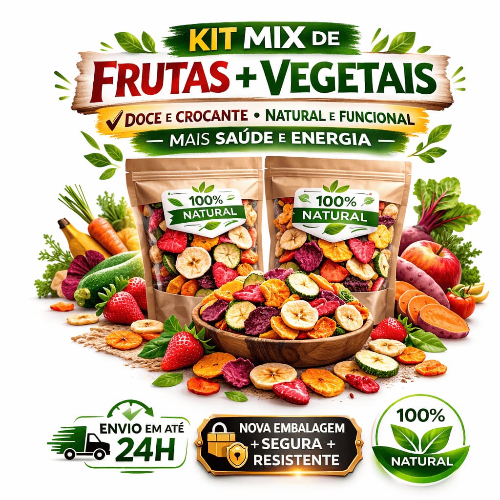 Kit Mix Frutas Tropicais Desidratadas Chips + Mix Vegetais Premium 100% Natural Snack Saudável