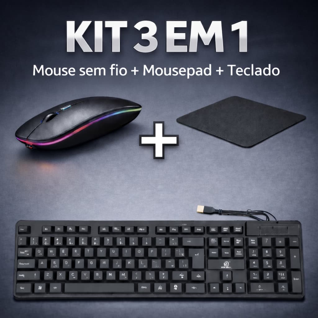 Kit Mouse Sem fio Bluetooth recarregavel + Mousepad preto liso + Teclado  Com fio Kit 3 em 1