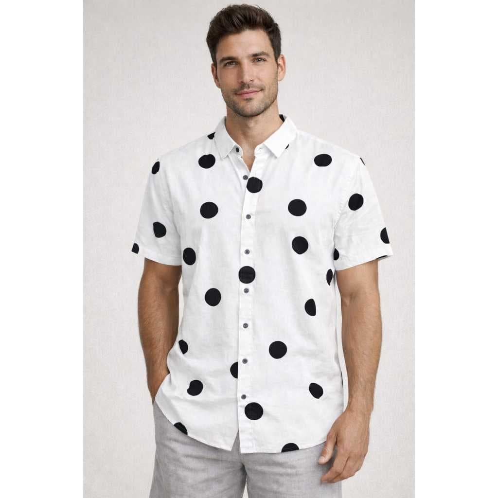 Camisa Masculina Slim Curta Social Estampada Bolinha Branca