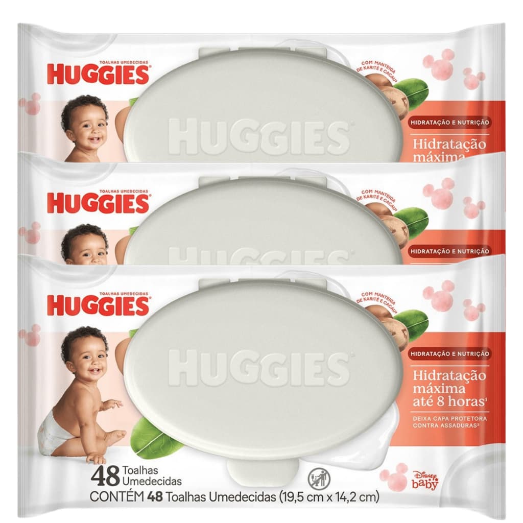 Kit 144 Toalhas Umedecidas Huggies – 3 Pacotes 48un Hidratação e Nutrição Máxima