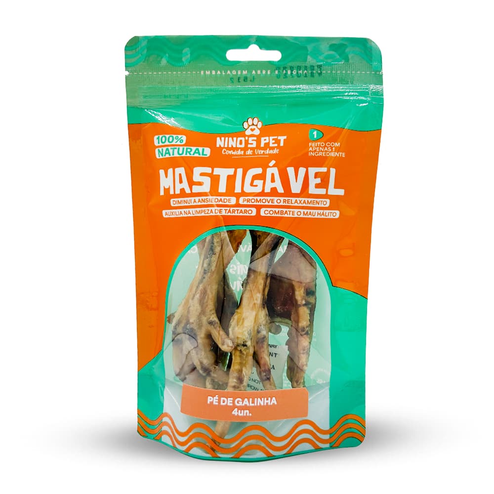 Pé de Galinha Desidratado Mastigável Natural para Cães Petisco Saudável Snack Ninos Pet 4 Unidades