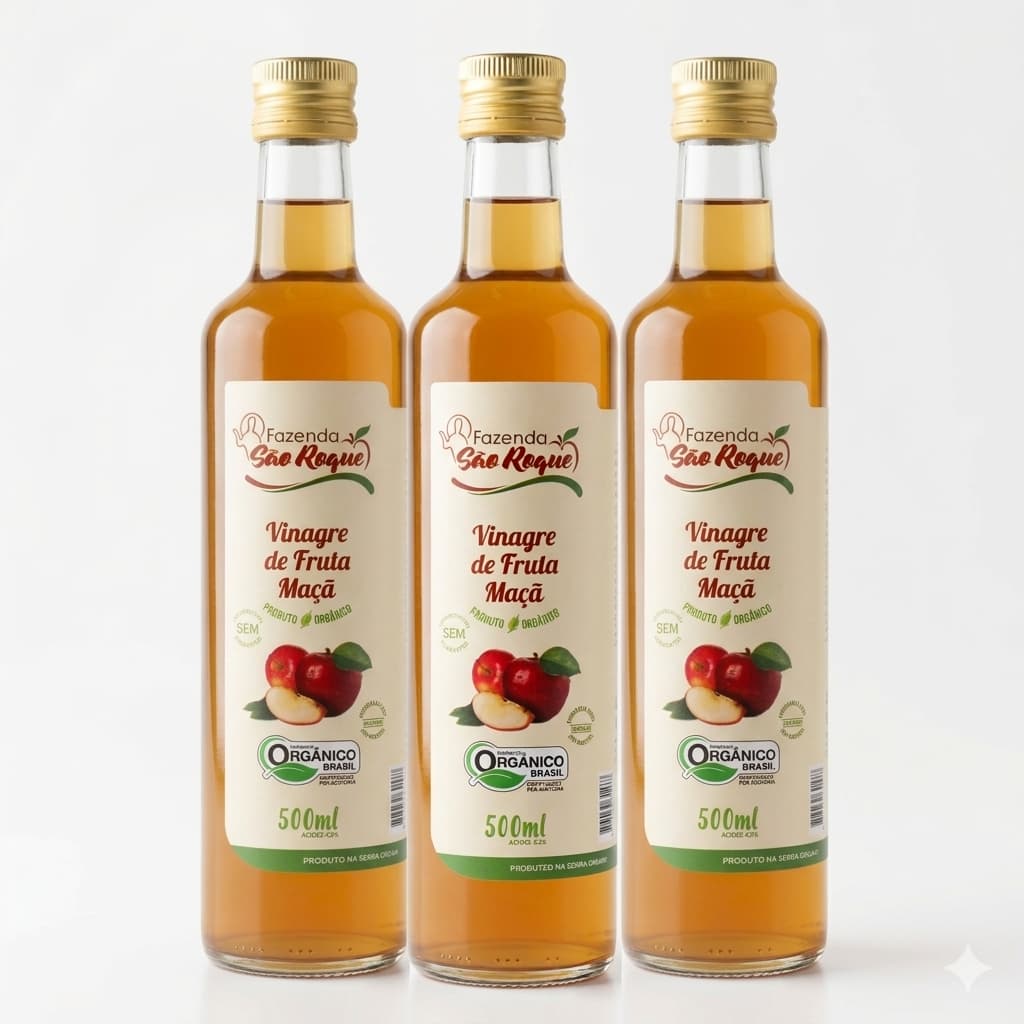 Kit Vinagre de Maçã Orgânico 100% Natural 4,2% Acidez – Fazenda São Roque – 500ml