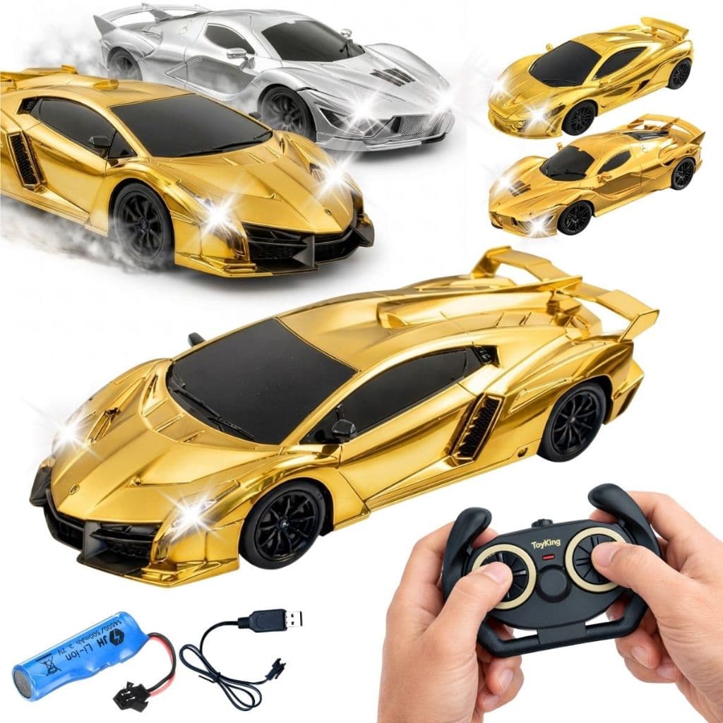 Carrinho Controle Remoto Recarregável Dourado Prateado Luz LED - Acende Farol Brinquedo Infantil