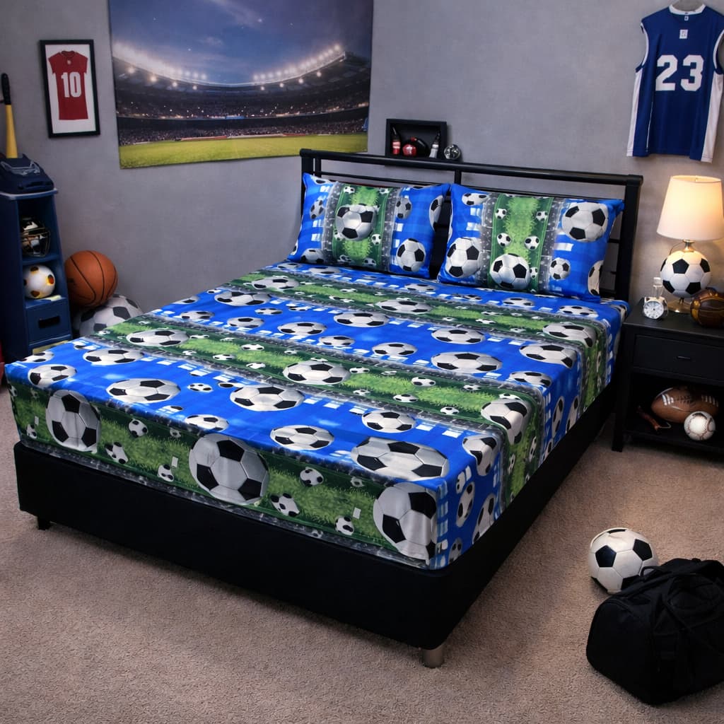 Lençol Casal Estampa Futebol com 2 Fronhas – Jogo de Cama Casal Macio Estampado Bola de Futebol Confortável